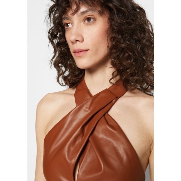 NWT STAUD 70s Vegan Leather Keyhole Twist Front Open Back Halter Tie Crop Top 10 - Picture 15 of 17
